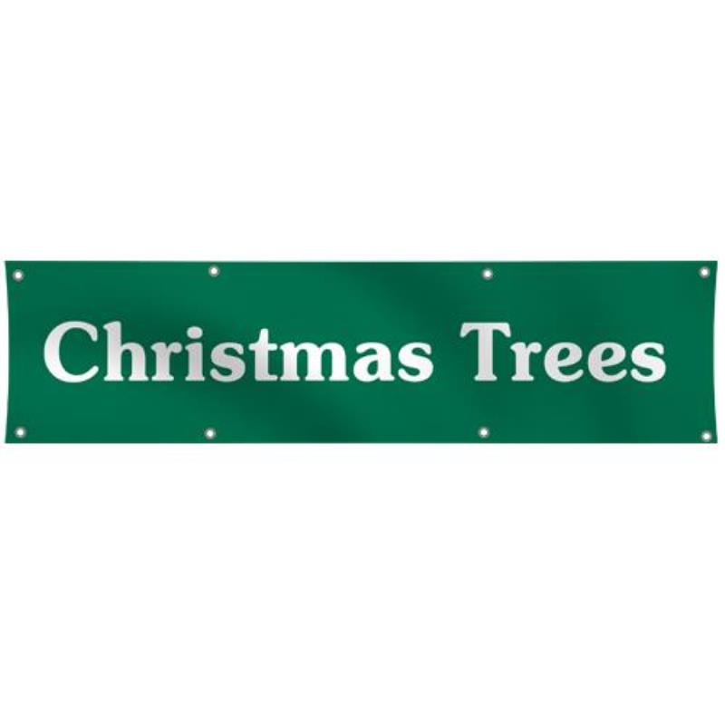 Banner - 300 x 83 cm - green with white screen printing "Christmas Trees"