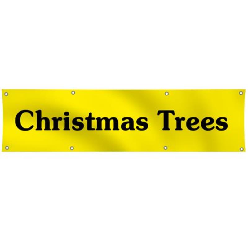 Banner - 300 x 83 cm - yellow with black screen printing "Christmas Trees"